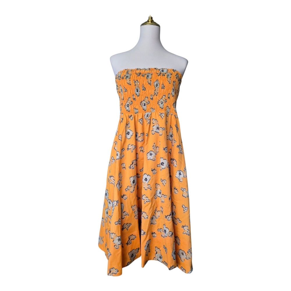 Tanya Taylor Strapless Midi Dress Womens S Orange Floral Silk Blend Smocked Summ
